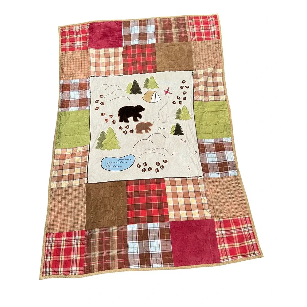 Vintage Woolrich Kids Cabin Quilt | Bear Patchwork | Rustic Lodge Twin Bedding